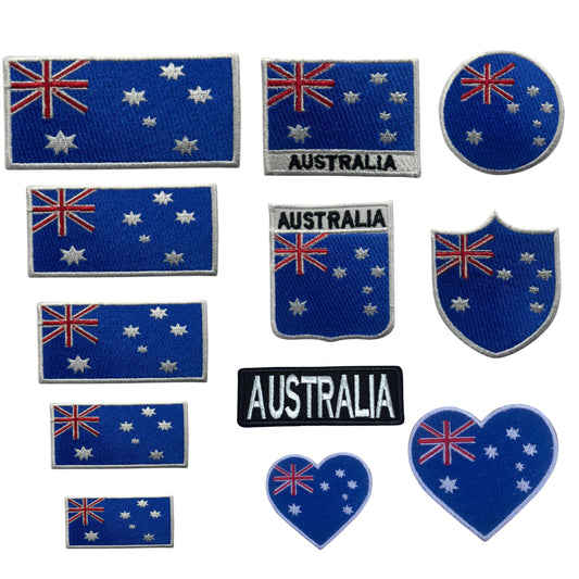 Australia Flag Embroidered Patches, Iron-On/Sew-On Applique, Shield, Round, Heart and Rectangle Flag Badges for Jackets, Bags, Uniforms, Various Sizes