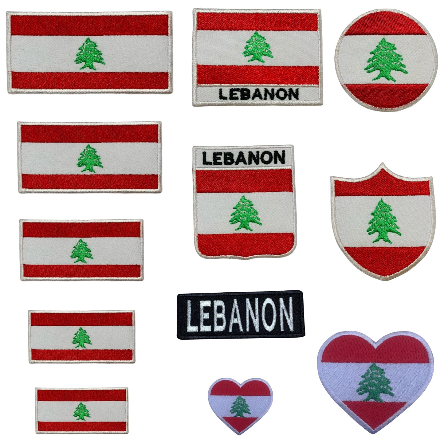 Lebanon Flag Embroidered Patch Set, Iron-On or Sew-On Applique Badges, Rectangle Shield Round Heart Shapes, for Jackets, Backpacks, Hats, Uniforms and Various Sizes
