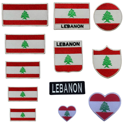 Lebanon Flag Embroidered Patch Set, Iron-On or Sew-On Applique Badges, Rectangle Shield Round Heart Shapes, for Jackets, Backpacks, Hats, Uniforms and Various Sizes