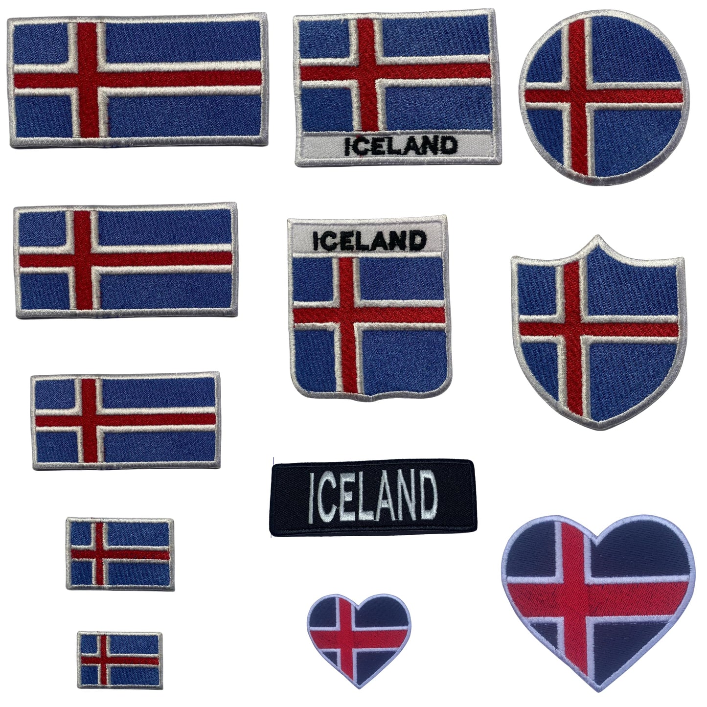 Iceland Flag Embroidered Patch Set, Iron-On or Sew-On Applique Badges, Rectangle Shield Round Heart Shapes, for Jackets, Backpacks, Hats, Uniforms and Various Sizes