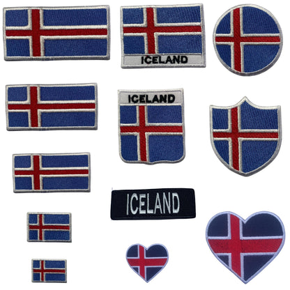 Iceland Flag Embroidered Patch Set, Iron-On or Sew-On Applique Badges, Rectangle Shield Round Heart Shapes, for Jackets, Backpacks, Hats, Uniforms and Various Sizes