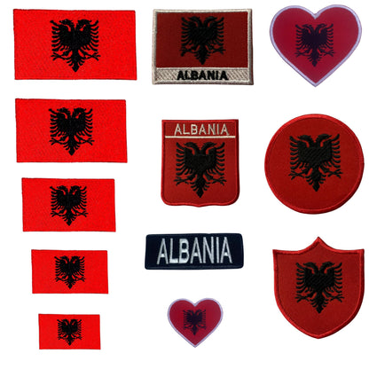 Albania Flag Embroidered Patch Set, Iron-On or Sew-On Applique Badges, Rectangle Shield Round Heart Shapes, for Jackets, Backpacks, Hats, Uniforms and Various Sizes