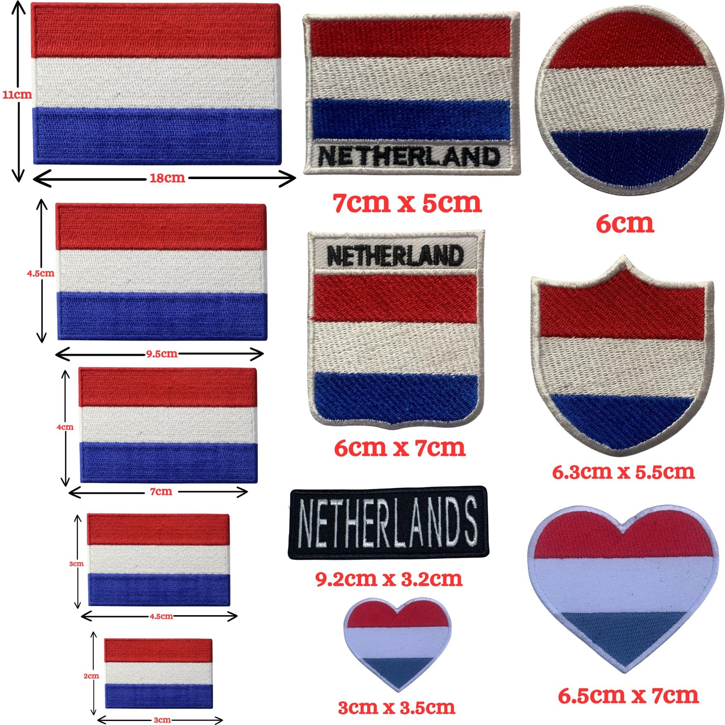 BeBuz Netherlands Flag Embroidered Patches, Iron-On/Sew-On Applique, Shield, Round, Heart and Rectangle Flag Badges for Jackets, Bags, Uniforms, Various Sizes