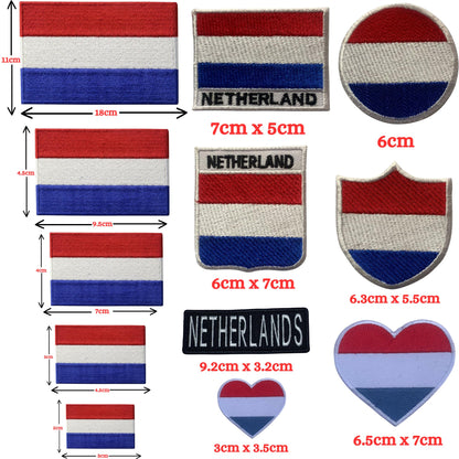 BeBuz Netherlands Flag Embroidered Patches, Iron-On/Sew-On Applique, Shield, Round, Heart and Rectangle Flag Badges for Jackets, Bags, Uniforms, Various Sizes