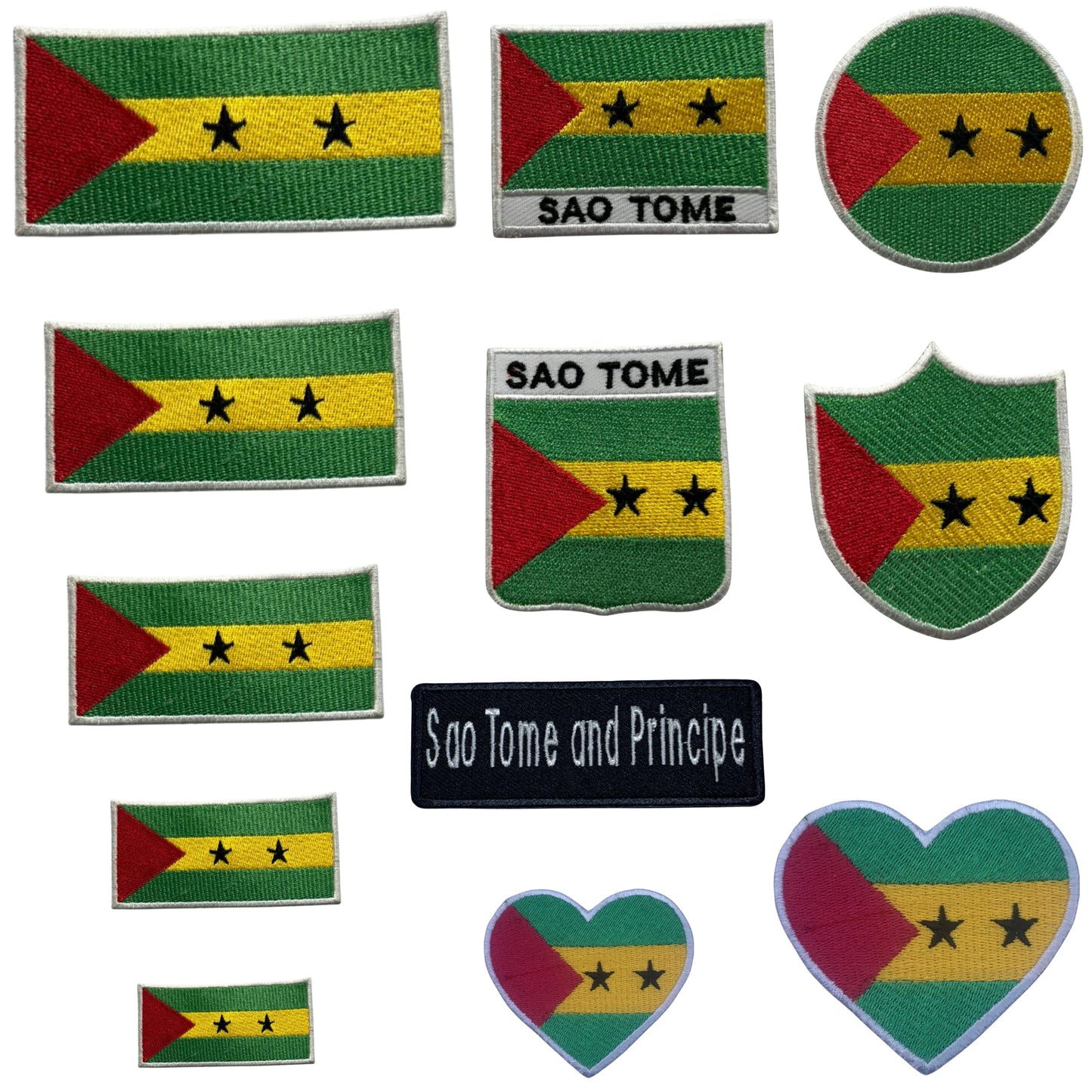 Sao Tome Flag Embroidered Patch Set, Iron-On or Sew-On Applique Badges, Rectangle Shield Round Heart Shapes, for Jackets, Backpacks, Hats, Uniforms and Various Sizes