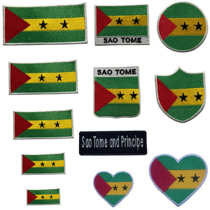 Sao Tome Flag Embroidered Patch Set, Iron-On or Sew-On Applique Badges, Rectangle Shield Round Heart Shapes, for Jackets, Backpacks, Hats, Uniforms and Various Sizes
