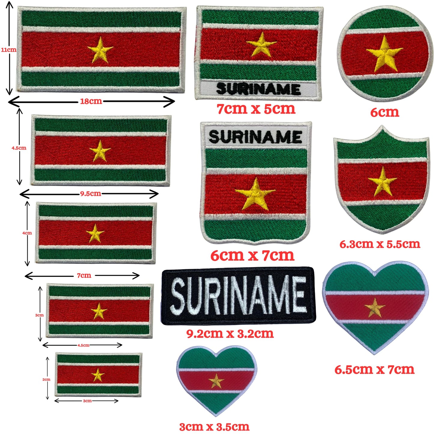 Suriname Flag Embroidered Patch Set, Iron-On or Sew-On Applique Badges, Rectangle Shield Round Heart Shapes, for Jackets, Backpacks, Hats, Uniforms and Various Sizes