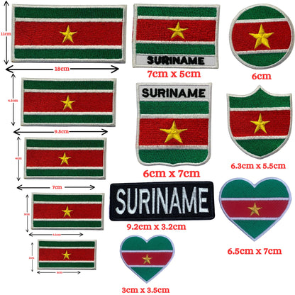 Suriname Flag Embroidered Patch Set, Iron-On or Sew-On Applique Badges, Rectangle Shield Round Heart Shapes, for Jackets, Backpacks, Hats, Uniforms and Various Sizes