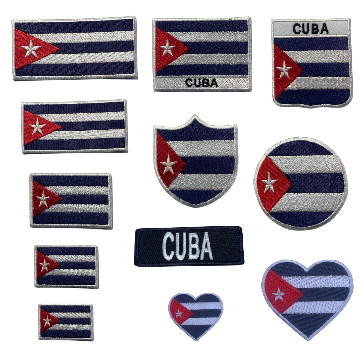 Cuba Flag Embroidered Patch Set, Iron-On or Sew-On Applique Badges, Rectangle Shield Round Heart Shapes, for Jackets, Backpacks, Hats, Uniforms and Various Sizes