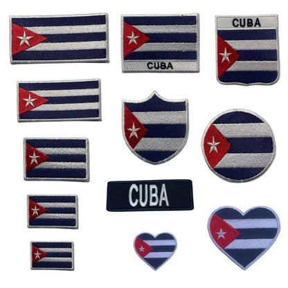 Cuba Flag Embroidered Patch Set, Iron-On or Sew-On Applique Badges, Rectangle Shield Round Heart Shapes, for Jackets, Backpacks, Hats, Uniforms and Various Sizes