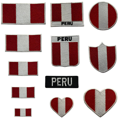 Peru Flag Embroidered Patch Set, Iron-On or Sew-On Applique Badges, Rectangle Shield Round Heart Shapes, for Jackets, Backpacks, Hats, Uniforms and Various Sizes