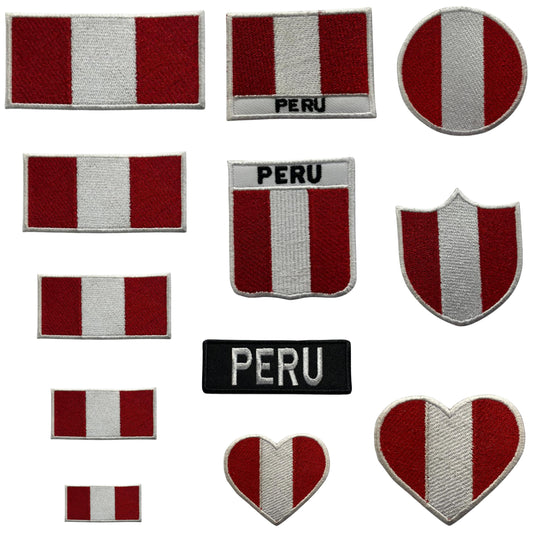Peru Flag Embroidered Patch Set, Iron-On or Sew-On Applique Badges, Rectangle Shield Round Heart Shapes, for Jackets, Backpacks, Hats, Uniforms and Various Sizes