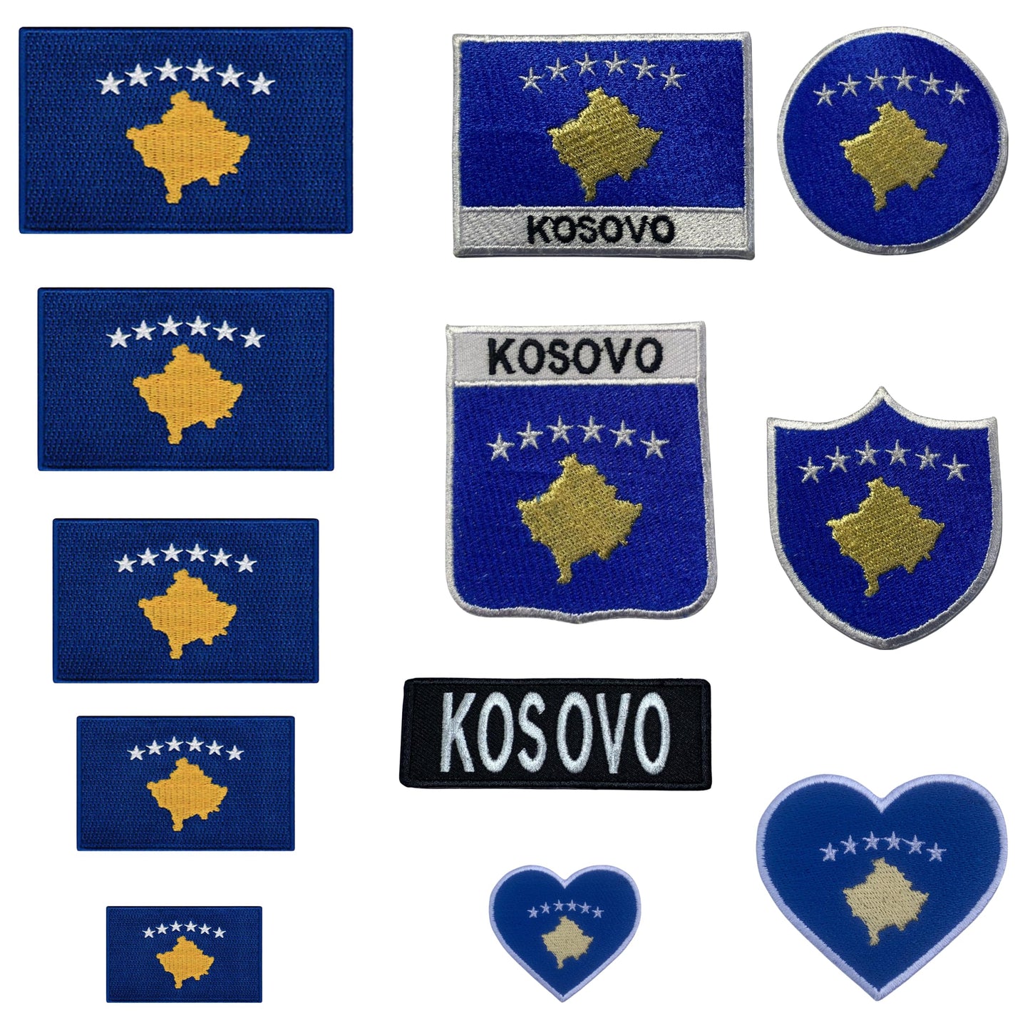 Kosovo Flag Embroidered Patch Set, Iron-On or Sew-On Applique Badges, Rectangle Shield Round Heart Shapes, for Jackets, Backpacks, Hats, Uniforms and Various Sizes