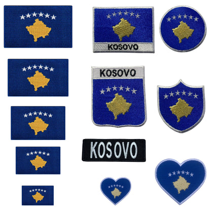 Kosovo Flag Embroidered Patch Set, Iron-On or Sew-On Applique Badges, Rectangle Shield Round Heart Shapes, for Jackets, Backpacks, Hats, Uniforms and Various Sizes