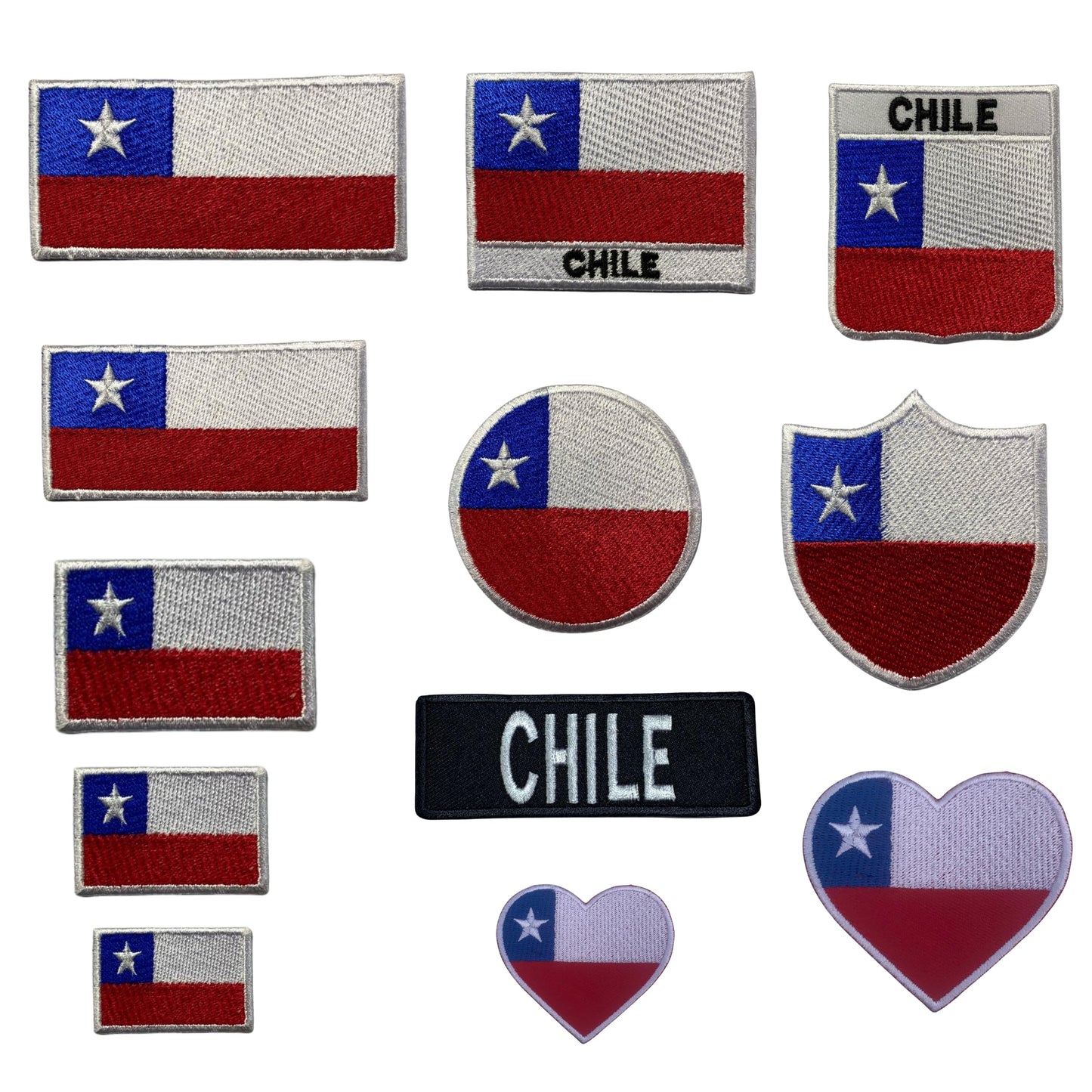 Chile Flag Embroidered Patch Set, Iron-On or Sew-On Applique Badges, Rectangle Shield Round Heart Shapes, for Jackets, Backpacks, Hats, Uniforms and Various Sizes