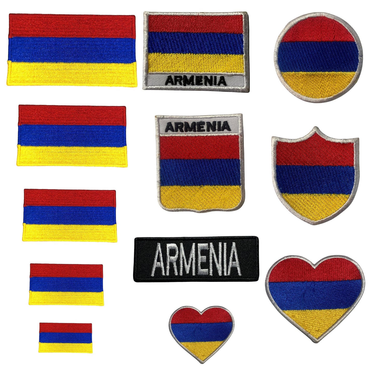 Armenia Flag Embroidered Patches, Iron-On/Sew-On Applique, Shield, Round, Heart and Rectangle Flag Badges for Jackets, Bags, Uniforms, Various Sizes