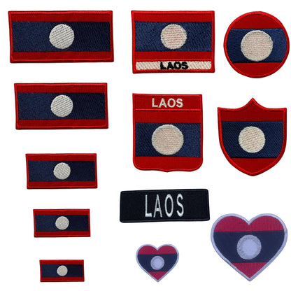 Laos Flag Embroidered Patch Set, Iron-On or Sew-On Applique Badges, Rectangle Shield Round Heart Shapes, for Jackets, Backpacks, Hats, Uniforms and Various Sizes