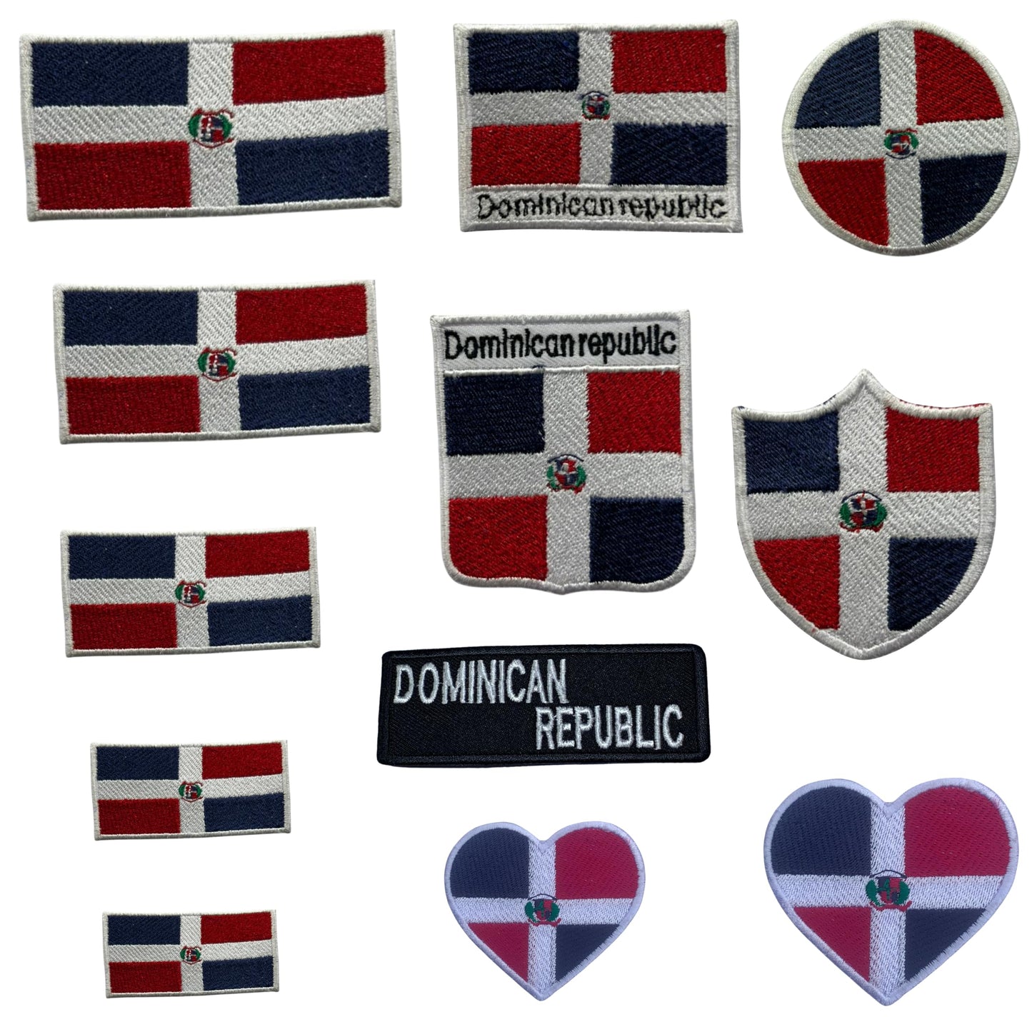 Dominican Republic Flag Embroidered Patch Set, Iron-On or Sew-On Applique Badges, Rectangle Shield Round Heart Shapes, for Jackets, Backpacks, Hats, Uniforms and Various Sizes