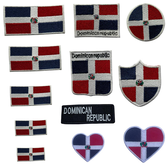 Dominican Republic Flag Embroidered Patch Set, Iron-On or Sew-On Applique Badges, Rectangle Shield Round Heart Shapes, for Jackets, Backpacks, Hats, Uniforms and Various Sizes