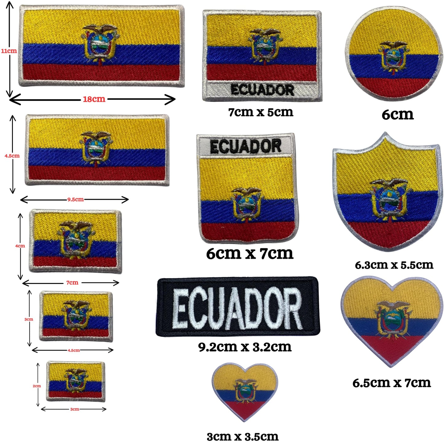 Ecuador Flag Embroidered Patches, Iron-On/Sew-On Applique, Shield, Round, Heart and Rectangle Flag Badges for Jackets, Bags, Uniforms, Various Sizes