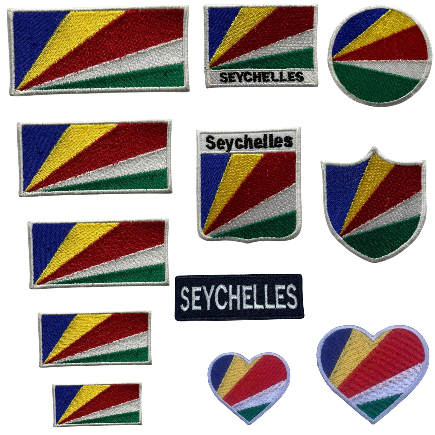 Seychelles Flag Embroidered Patch Set, Iron-On or Sew-On Applique Badges, Rectangle Shield Round Heart Shapes, for Jackets, Backpacks, Hats, Uniforms and Various Sizes
