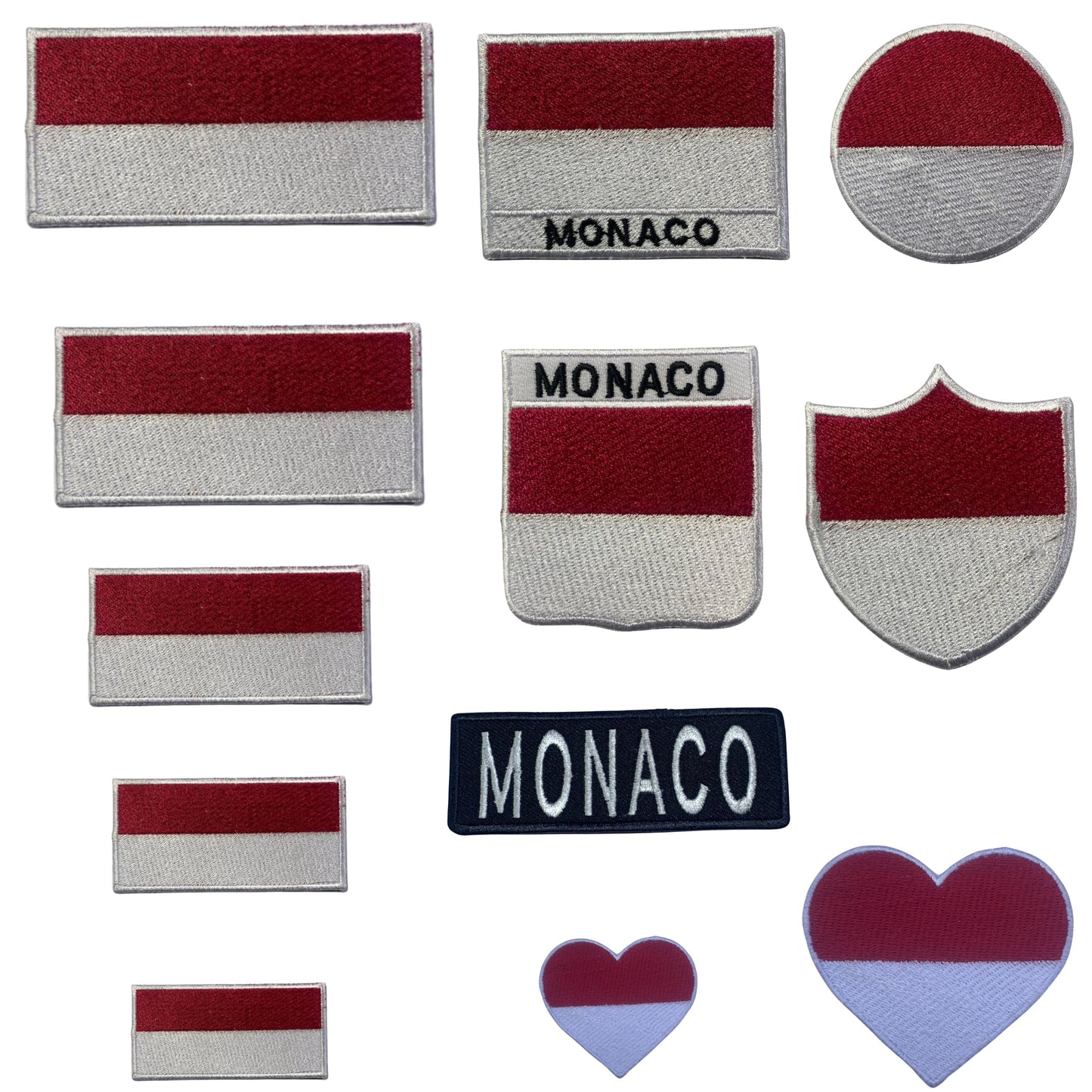 Monaco Flag Embroidered Patch Set, Iron-On or Sew-On Applique Badges, Rectangle Shield Round Heart Shapes, for Jackets, Backpacks, Hats, Uniforms and Various Sizes