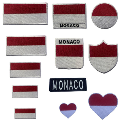 Monaco Flag Embroidered Patch Set, Iron-On or Sew-On Applique Badges, Rectangle Shield Round Heart Shapes, for Jackets, Backpacks, Hats, Uniforms and Various Sizes