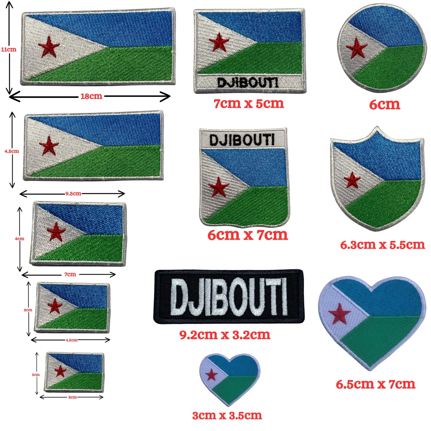 Djibouti Flag Embroidered Patch Set, Iron-On or Sew-On Applique Badges, Rectangle Shield Round Heart Shapes, for Jackets, Backpacks, Hats, Uniforms and Various Sizes
