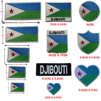 Djibouti Flag Embroidered Patch Set, Iron-On or Sew-On Applique Badges, Rectangle Shield Round Heart Shapes, for Jackets, Backpacks, Hats, Uniforms and Various Sizes