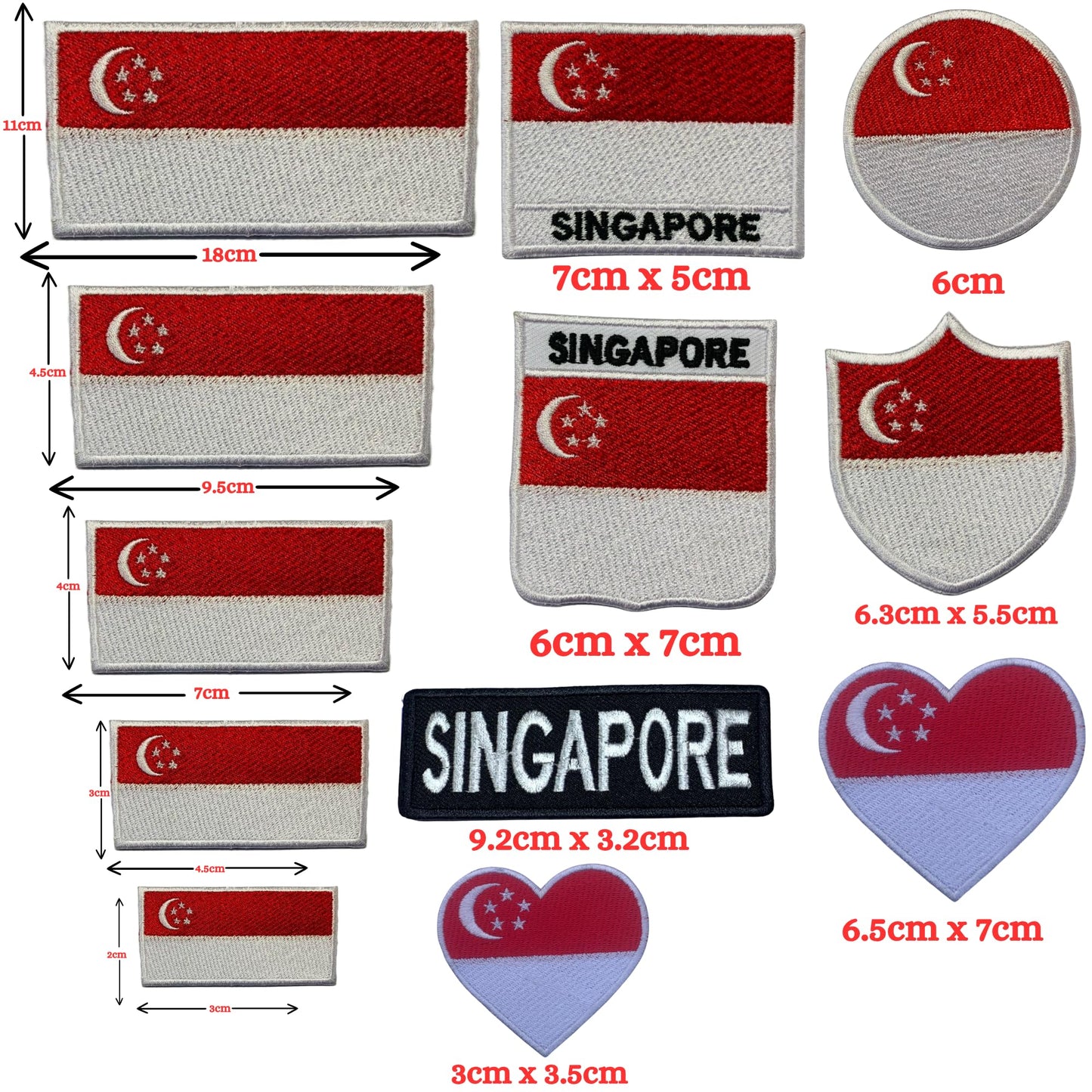 Singapore Flag Embroidered Patch Set, Iron-On or Sew-On Applique Badges, Rectangle Shield Round Heart Shapes, for Jackets, Backpacks, Hats, Uniforms and Various Sizes