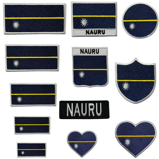 Nauru Flag Embroidered Patch Set, Iron-On or Sew-On Applique Badges, Rectangle Shield Round Heart Shapes, for Jackets, Backpacks, Hats, Uniforms and Various Sizes