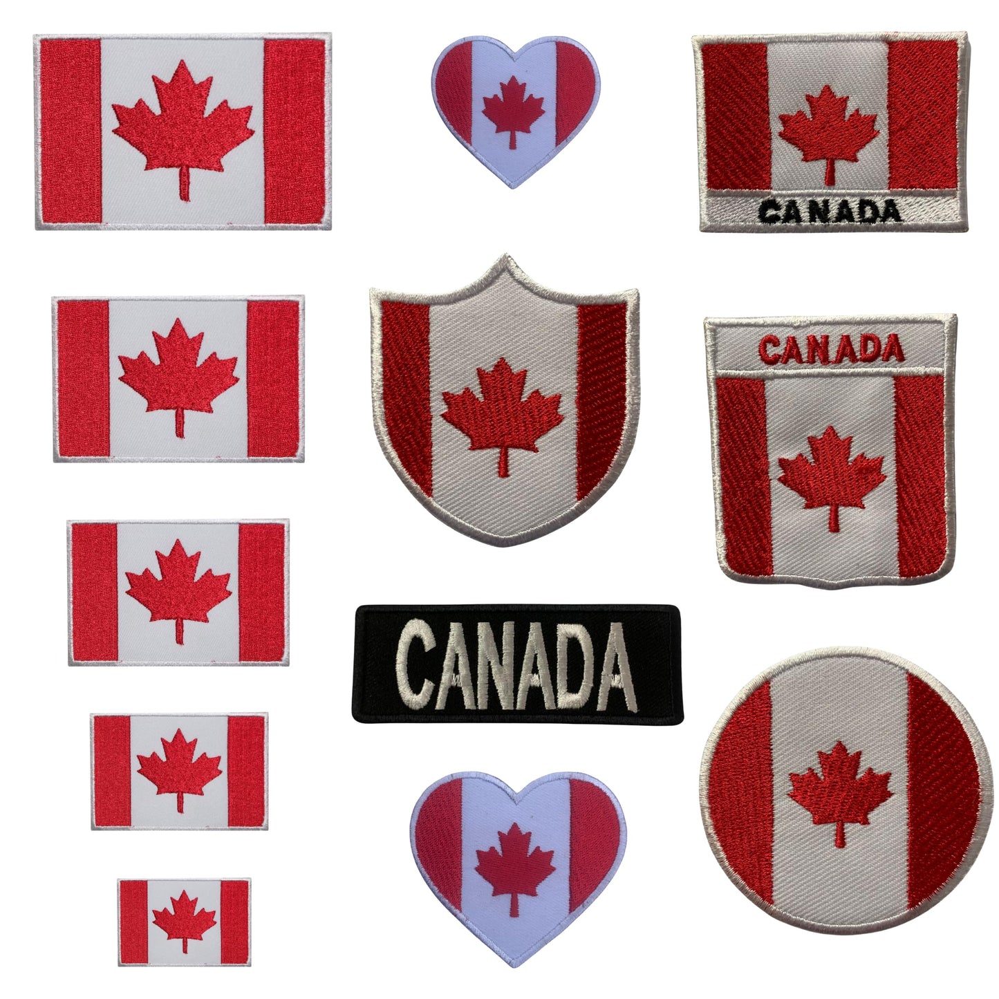 Canada Flag Embroidered Patches, Iron-On/Sew-On Applique, Shield, Round, Heart and Rectangle Flag Badges for Jackets, Bags, Uniforms, Various Sizes