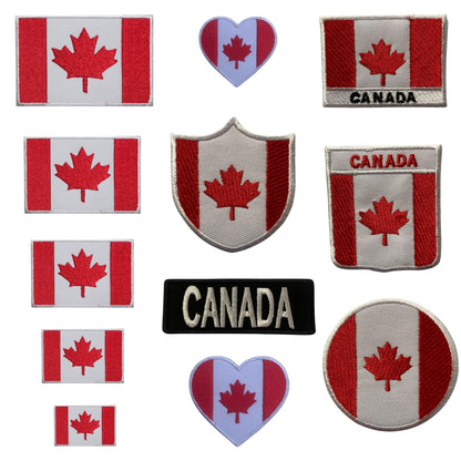 Canada Flag Embroidered Patches, Iron-On/Sew-On Applique, Shield, Round, Heart and Rectangle Flag Badges for Jackets, Bags, Uniforms, Various Sizes