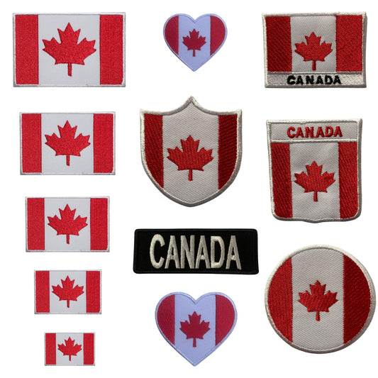 Canada Flag Embroidered Patches, Iron-On/Sew-On Applique, Shield, Round, Heart and Rectangle Flag Badges for Jackets, Bags, Uniforms, Various Sizes