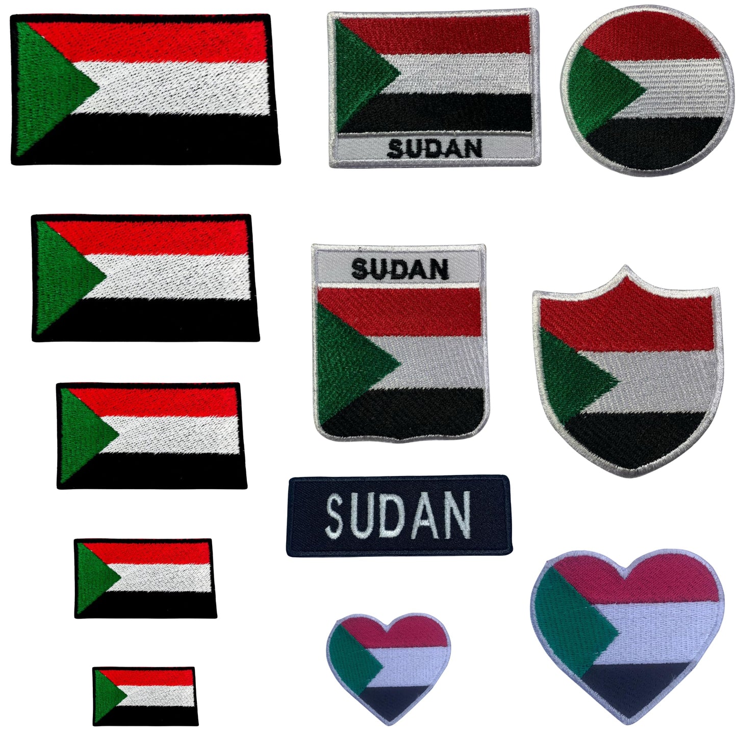 Sudan Flag Embroidered Patch Set, Iron-On or Sew-On Applique Badges, Rectangle Shield Round Heart Shapes, for Jackets, Backpacks, Hats, Uniforms and Various Sizes