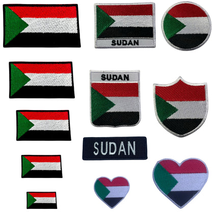 Sudan Flag Embroidered Patch Set, Iron-On or Sew-On Applique Badges, Rectangle Shield Round Heart Shapes, for Jackets, Backpacks, Hats, Uniforms and Various Sizes