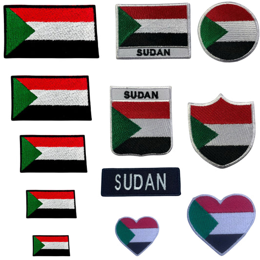 Sudan Flag Embroidered Patch Set, Iron-On or Sew-On Applique Badges, Rectangle Shield Round Heart Shapes, for Jackets, Backpacks, Hats, Uniforms and Various Sizes
