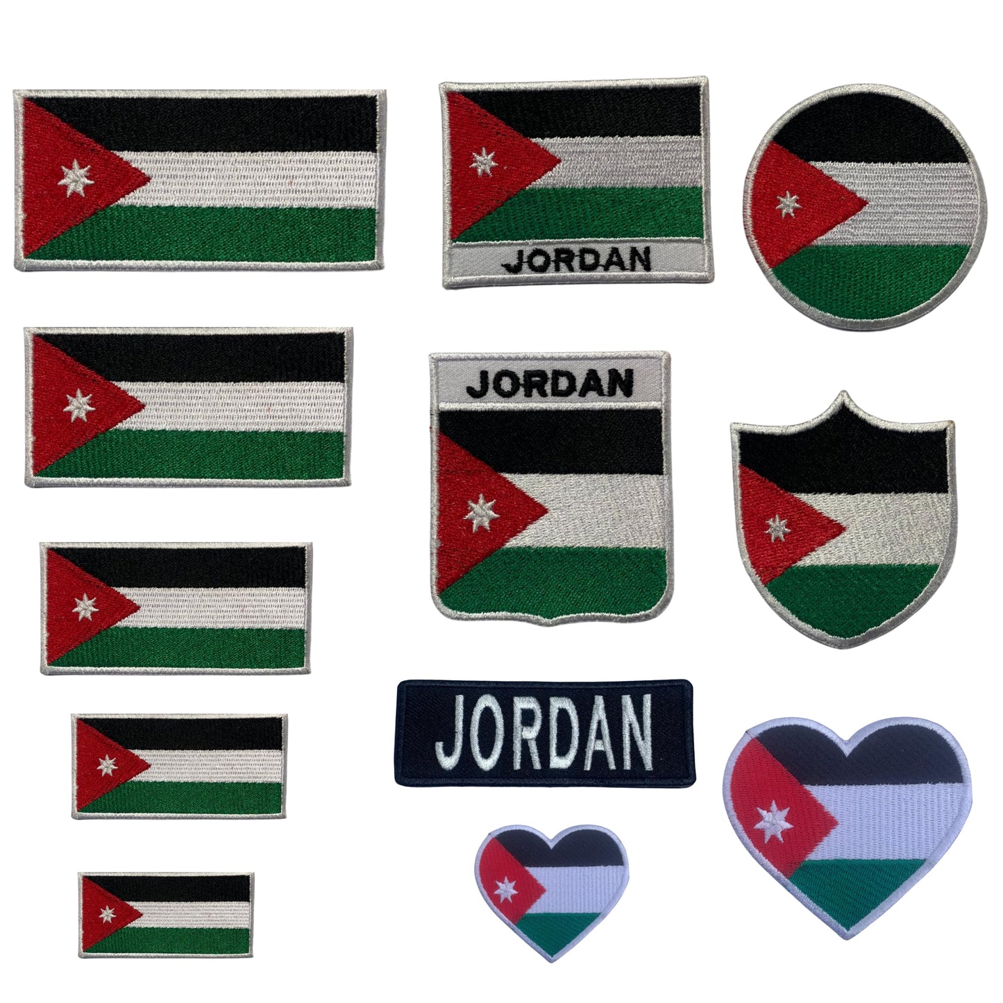 Jordan Flag Embroidered Patches, Iron-On/Sew-On Applique, Shield, Round, Heart and Rectangle Flag Badges for Jackets, Bags, Uniforms, Various Sizes