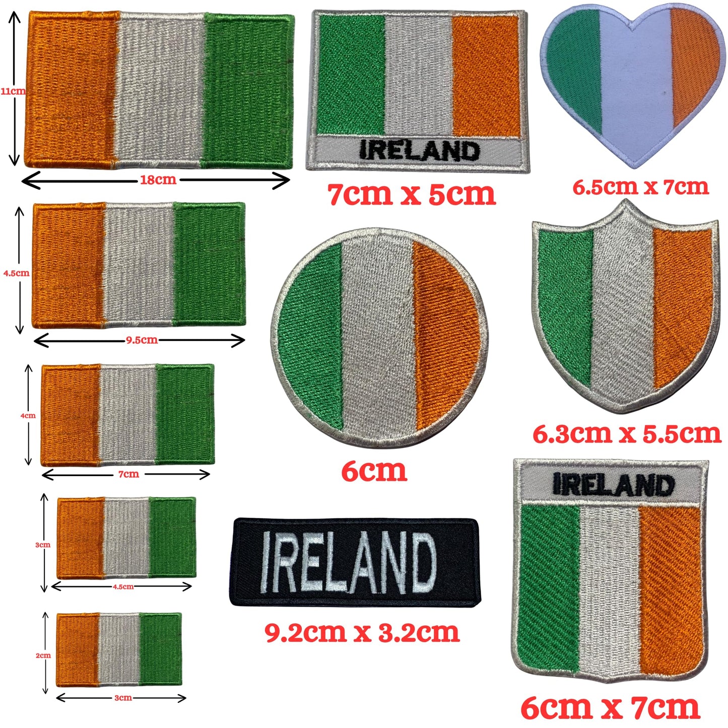 Ireland Flag Embroidered Patch Set, Iron-On or Sew-On Applique Badges, Rectangle Shield Round Heart Shapes, for Jackets, Backpacks, Hats, Uniforms and Various Sizes