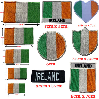 Ireland Flag Embroidered Patch Set, Iron-On or Sew-On Applique Badges, Rectangle Shield Round Heart Shapes, for Jackets, Backpacks, Hats, Uniforms and Various Sizes