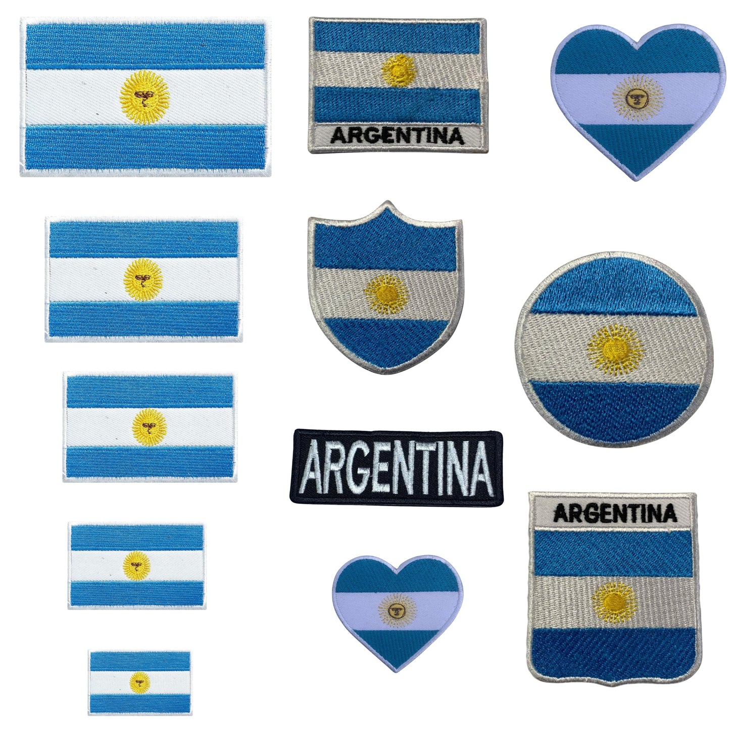 Argentina Flag Embroidered Patches, Iron-On/Sew-On Applique, Shield, Round, Heart and Rectangle Flag Badges for Jackets, Bags, Uniforms, Various Sizes
