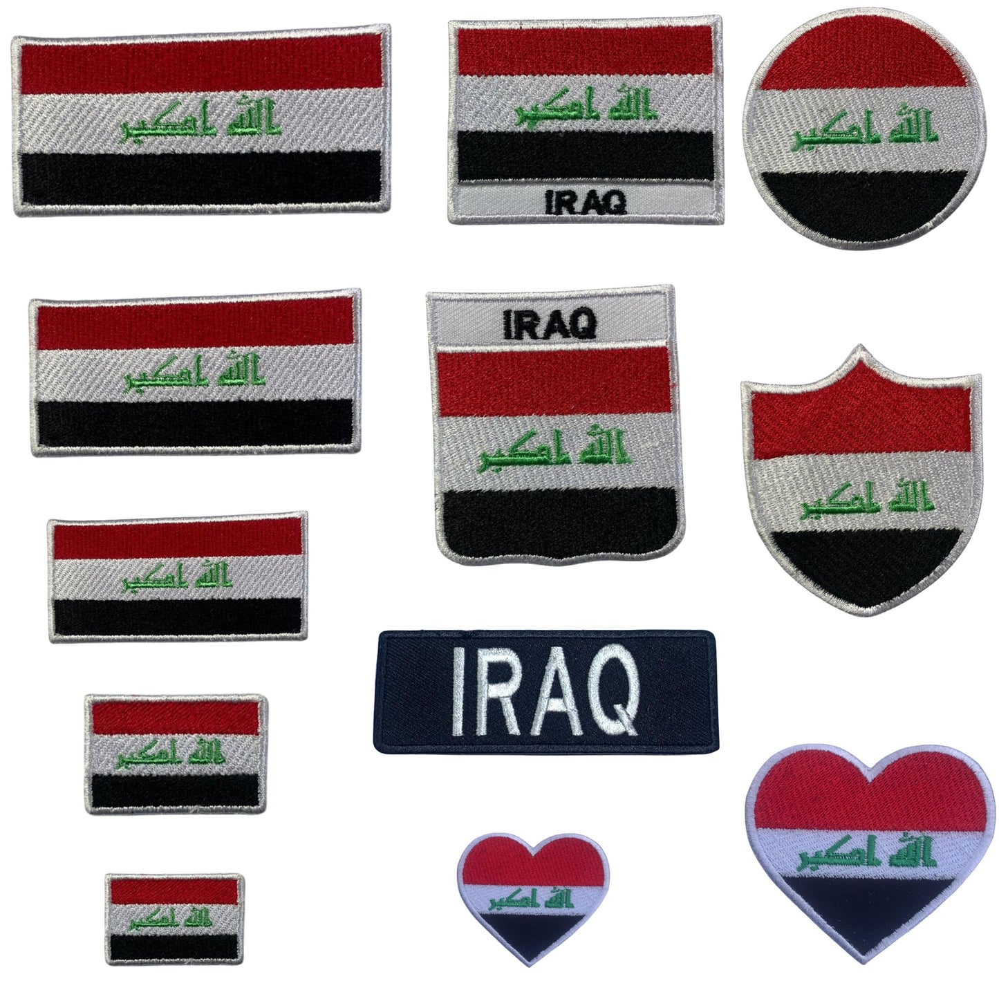 Iraq Flag Embroidered Patch Set, Iron-On or Sew-On Applique Badges, Rectangle Shield Round Heart Shapes, for Jackets, Backpacks, Hats, Uniforms and Various Sizes