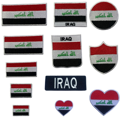 Iraq Flag Embroidered Patch Set, Iron-On or Sew-On Applique Badges, Rectangle Shield Round Heart Shapes, for Jackets, Backpacks, Hats, Uniforms and Various Sizes