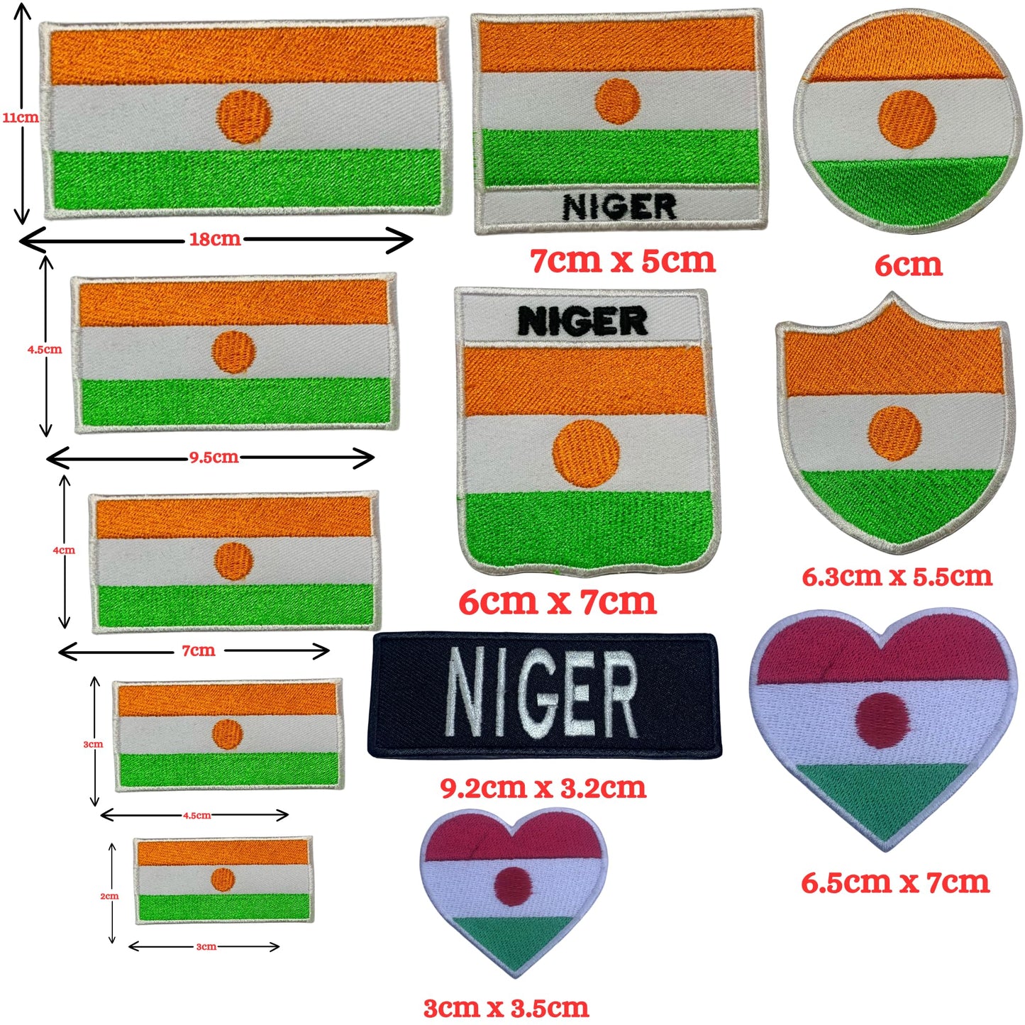 Niger Flag Embroidered Patch Set, Iron-On or Sew-On Applique Badges, Rectangle Shield Round Heart Shapes, for Jackets, Backpacks, Hats, Uniforms and Various Sizes