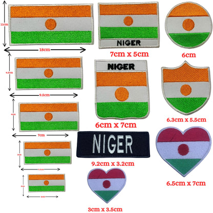 Niger Flag Embroidered Patch Set, Iron-On or Sew-On Applique Badges, Rectangle Shield Round Heart Shapes, for Jackets, Backpacks, Hats, Uniforms and Various Sizes