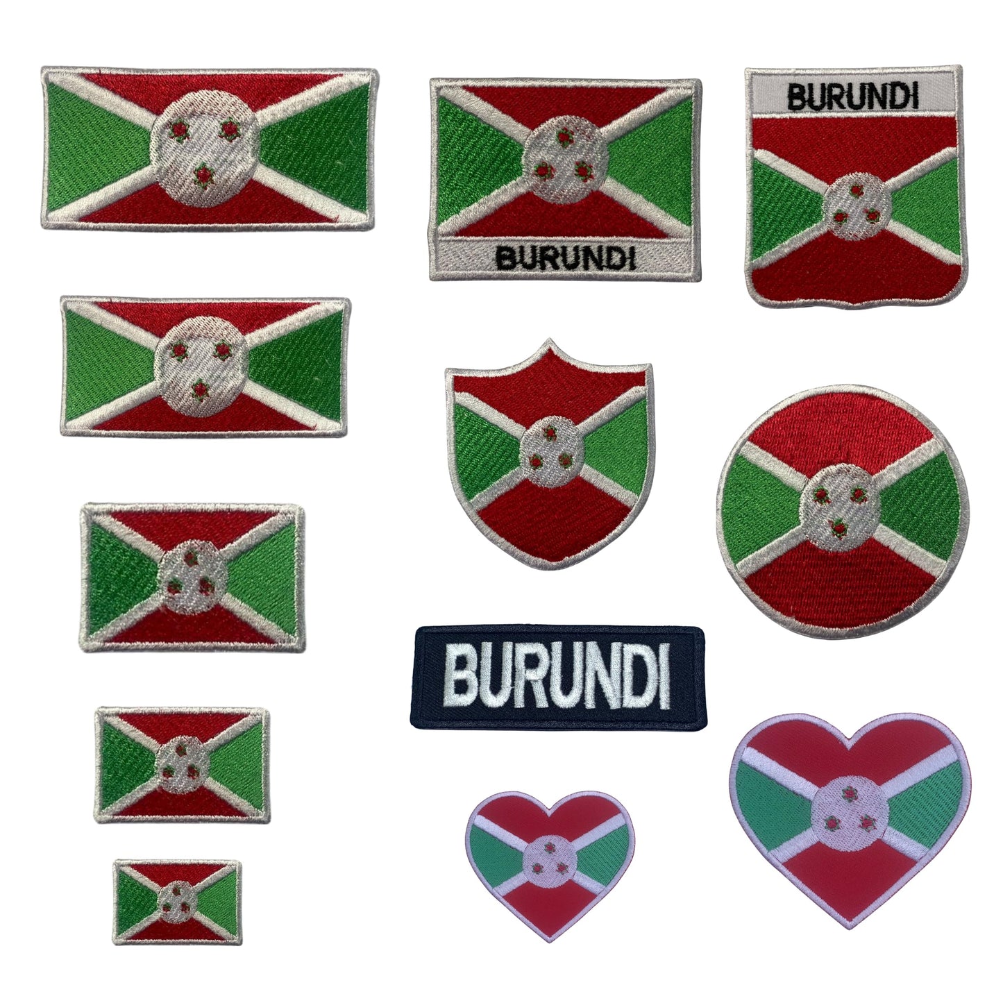 Burundi Flag Embroidered Patch Set, Iron-On or Sew-On Applique Badges, Rectangle Shield Round Heart Shapes, for Jackets, Backpacks, Hats, Uniforms and Various Sizes