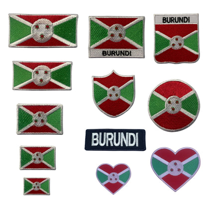 Burundi Flag Embroidered Patch Set, Iron-On or Sew-On Applique Badges, Rectangle Shield Round Heart Shapes, for Jackets, Backpacks, Hats, Uniforms and Various Sizes