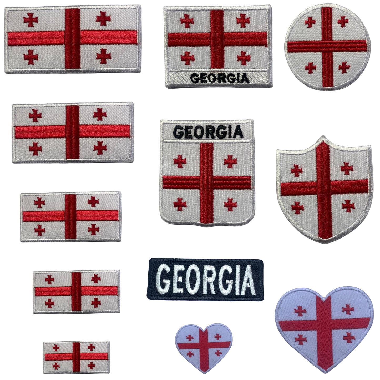 Georgia Flag Embroidered Patch Set, Iron-On or Sew-On Applique Badges, Rectangle Shield Round Heart Shapes, for Jackets, Backpacks, Hats, Uniforms and Various Sizes