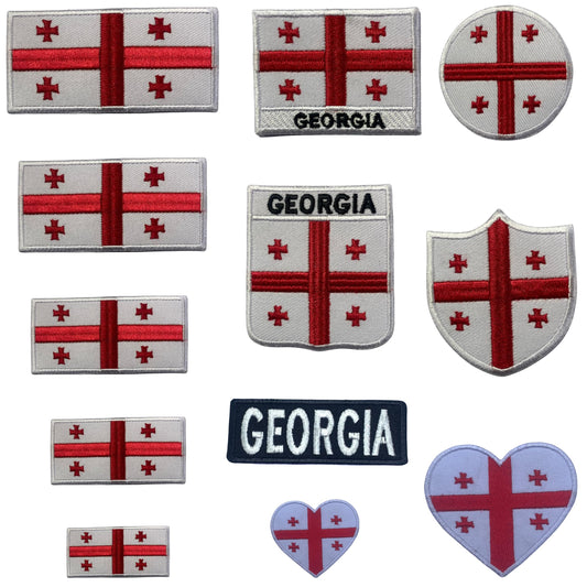 Georgia Flag Embroidered Patch Set, Iron-On or Sew-On Applique Badges, Rectangle Shield Round Heart Shapes, for Jackets, Backpacks, Hats, Uniforms and Various Sizes