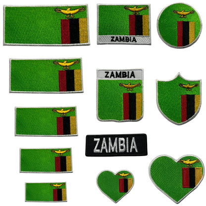 Zambia Flag Embroidered Patch Set, Iron-On or Sew-On Applique Badges, Rectangle Shield Round Heart Shapes, for Jackets, Backpacks, Hats, Uniforms and Various Sizes
